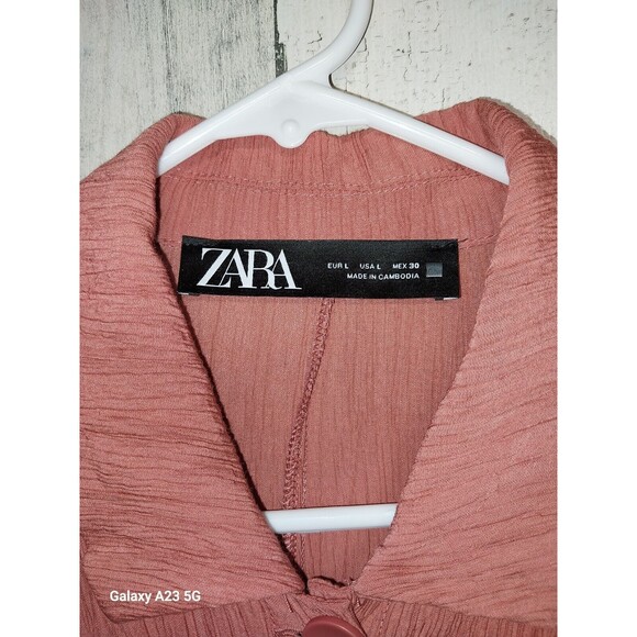 ZARA Shirt Dress Large Belted Crinkle Textured Knee Length Pockets Terra Cotta - Picture 4 of 9